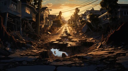 Dramatic street scene highlighting the aftermath of an earthquake with a gaping sinkhole