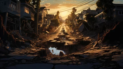 Foto op Aluminium Dramatic street scene highlighting the aftermath of an earthquake with a gaping sinkhole © PRI