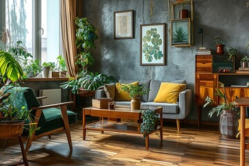 The modenr boho interior of living room in cozy apartment with design coffee table, gray sofa, wooden cube honey yellow pillow, desk, green armchair, plants and elegant accessories. Modern home decor. - obrazy, fototapety, plakaty