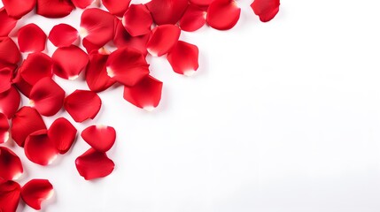Romantic red rose petals on white background. Flat lay, top view, copy space
