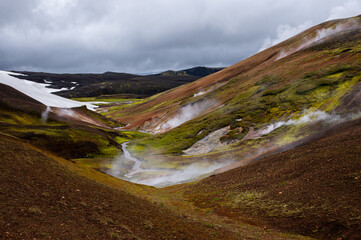 Colorful Icelandic volcanic Landmannalaugar mountains at famous Laugavegur hiking trail in Iceland....