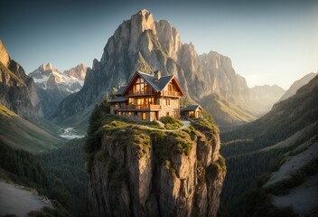 a small, cozy house perched on the edge of a high mountain - obrazy, fototapety, plakaty