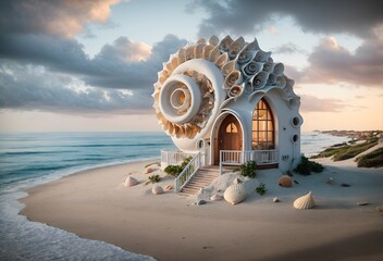 a small, charming house designed in the shape of a seashell - obrazy, fototapety, plakaty