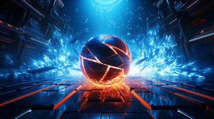 Dynamic athletic breakthrough with a glowing gridiron ball bursting through geometric ice in a neon-lit arena
