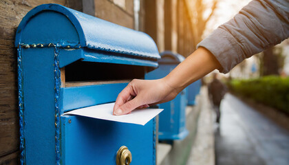 Woman posting a letter in a blue post office postal box - obrazy, fototapety, plakaty