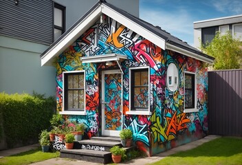 a small, vibrant house adorned with graffiti art