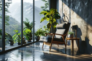 Modern living room with armchair. Scandinavian style interior design. 3D illustration.