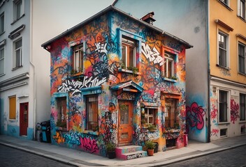 Fototapeta na wymiar a small, vibrant house adorned with graffiti art