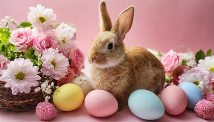 Easter concept with bunny, eggs and flowers