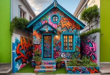 a small, vibrant house adorned with graffiti art
