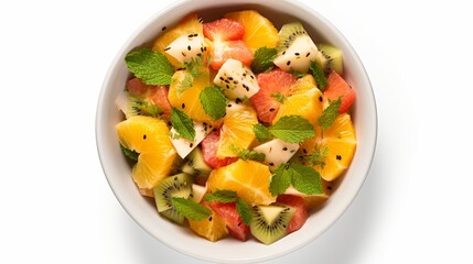 Colorful and refreshing bowl of fresh and healthy fruit salad, top view on white background