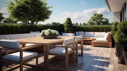 Modern terrace with a comfortable dining area, overlooking a manicured hedge and serene outdoor ambiance