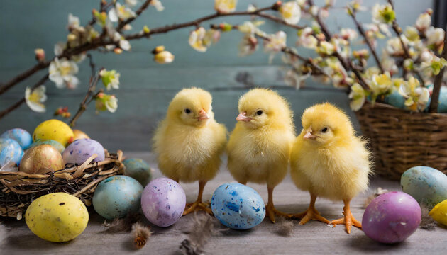 cute yellow chicks with cherry blossom in the background and colorful easter eggs
