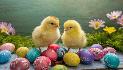 cute young  chicks with colorful easter eggs and flowers in the background © Cliff