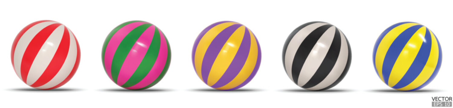Set of colorful Circus balls isolated on white background. Beach ball on white background. 3D vector illustration.