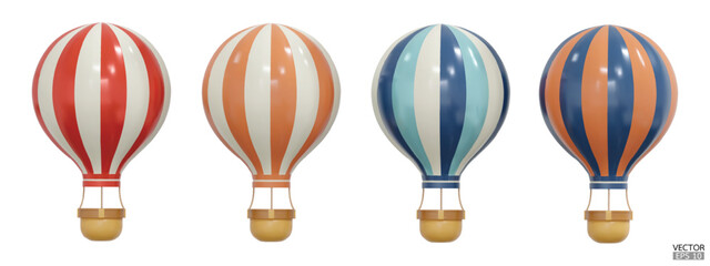 3D Colorful hot air balloons with baskets travel isolated on white background. Summer balloon journey. 3D vector illustration.