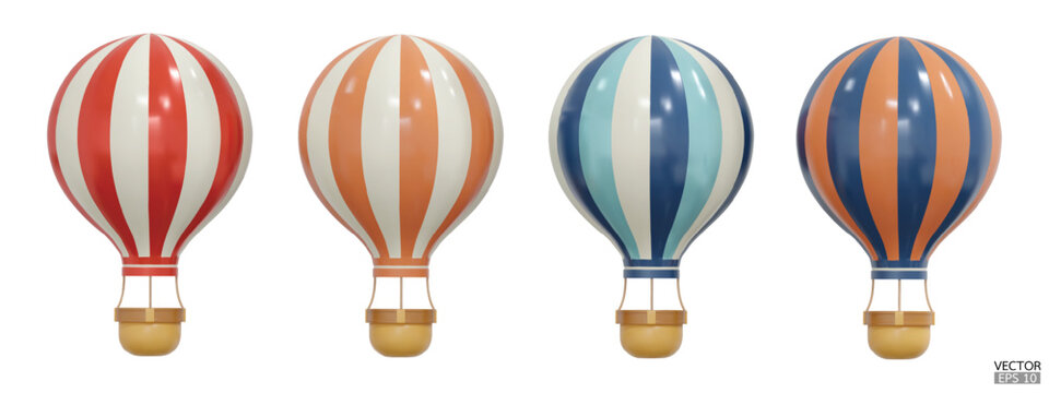 3D Colorful hot air balloons with baskets travel isolated on white background. Summer balloon journey. 3D vector illustration.