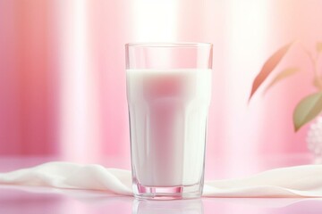 Organic fresh milk in a white glass cup with a pink background. Promotion style graphic art. Generative AI