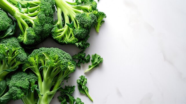 Fresh broccoli florets scattered on a bright white background with ample space