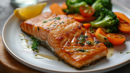  appetizing salmon meal with vegetables white plate