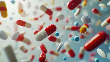 A 3D render of various colorful capsules and pills suspended in mid-air against a vibrant blue background with soft cloud shapes, representing healthcare, medicine, and pharmaceutical concepts.