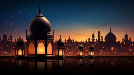 Fototapeta na wymiar An ornate eid celebration with intricate mosques silhouette inside a glowing lantern backdrop