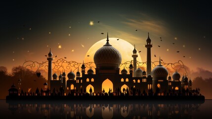 An ornate eid celebration with intricate mosques silhouette inside a glowing lantern backdrop - obrazy, fototapety, plakaty