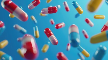 A 3D render of various colorful capsules and pills suspended in mid-air against a vibrant blue background with soft cloud shapes, representing healthcare, medicine, and pharmaceutical concepts.