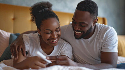 Parenthood, good news, baby expecting concept. Joyful dark skinned wife leans shoulder of her husband, look positively at pregnancy test, going to have child. Family couple on bed in modern apartment