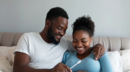 Parenthood, good news, baby expecting concept. Joyful dark skinned wife leans shoulder of her husband, look positively at pregnancy test, going to have child. Family couple on bed in modern apartment - obrazy, fototapety, plakaty