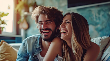 Playful young couple spending carefree time at home together