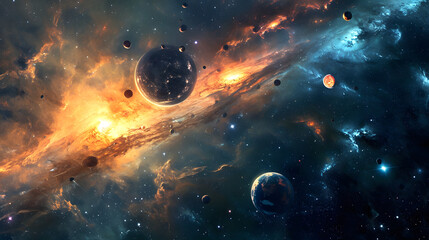 Fototapeta premium Dramatic Cosmic Scene with Planets and Nebulae