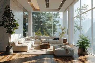 Modern living room interior with white walls, wooden floor, beige sofa
