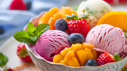 Colorful Fruit Ice Cream Scoops with Fresh Berries Closeup