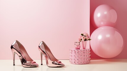 Chic event setup featuring a fashionable high-heeled sandal beside a mirror ball, with a gradient pink background