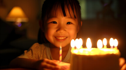 Smiling Child with Birthday Cake Candles in Warm Light