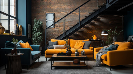 Modern interior of a bright studio apartment with a sofa and stairs to the second level a psychologist's office, brick walls, modern contemporary style