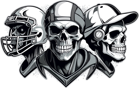 three skulls that recall sports, American rugby and baseball.