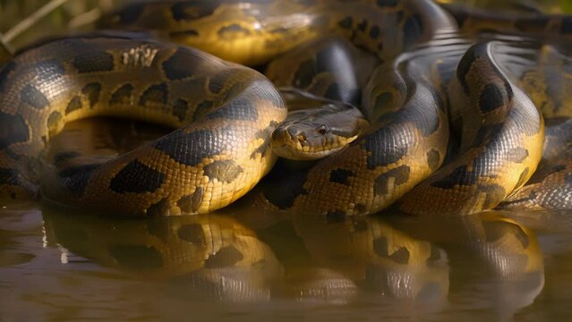 Closeup of a group of anacondas intertwining with each other their long bodies slithering and entangling in a display of dominanc