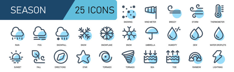 season icon collections.filled line style.contains snowfall,wind meter,wind,storm,temperature,fog,rain,snowflakes,umbrella,humidity,sun,sunset,spring,direction,stars,tornado,sea tide,rainbow.