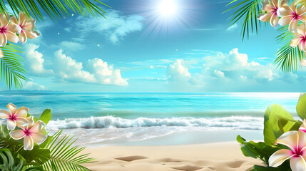 Fototapeta na wymiar Tropical Beach Paradise Scenery with Plumeria Flowers and Palm Leaves