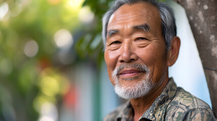 Elderly Asian Man with a Kind Expression in Urban Setting
