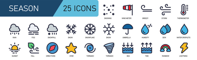  - weather icon collection.modern style.cintains nowfall,wind meter,wind,storm,temperature,fog,rain,snowflakes,tornado,sea tide,rainbow,lightning.editable stroke.