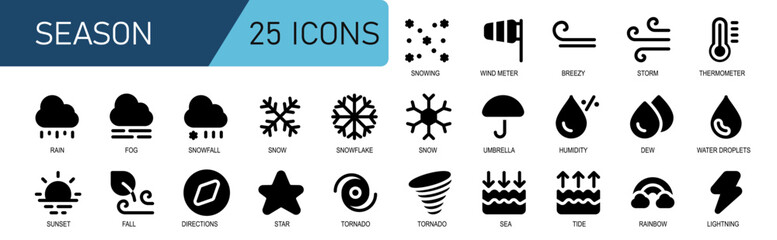 season icon set.black flat style. contains humidity, water drops, sun, sunset, spring, direction, stars, tornado, sea tide, rainbow. Suitable for web and applications.