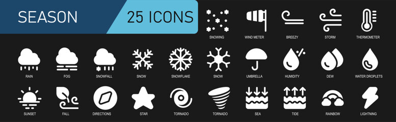 season icon collection.white style.contains snowfall,wind meter,wind,storm,temperature,fog,rain,snowflakes,umbrella,sea tide,rainbow,lightning.good for weather forecast.