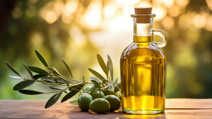 Glass bottle with olive oil, green olives on wooden table against the backdrop of garden of olive trees. Healthy oil for cooking, growing olives, blurred natural garden bokeh background