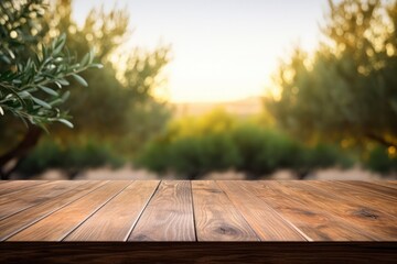 Empty wooden table on blurred natural background of olive garden. Mockup for your design, product...