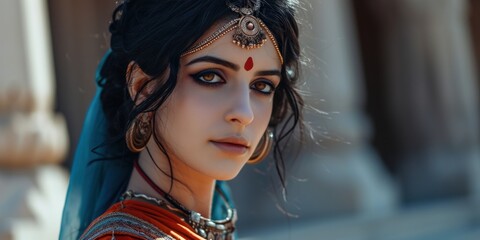 Woman in the Goddess Ancient Indus Valley Civilization Beauty Style - Beautiful Goddess Girl Background created with Generative AI Technology - obrazy, fototapety, plakaty
