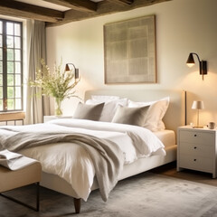 Fototapeta na wymiar French country interior design of modern bedroom in farmhouse.