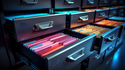 Close-up of an open metal filing drawer with folders organized inside, office efficiency theme - obrazy, fototapety, plakaty